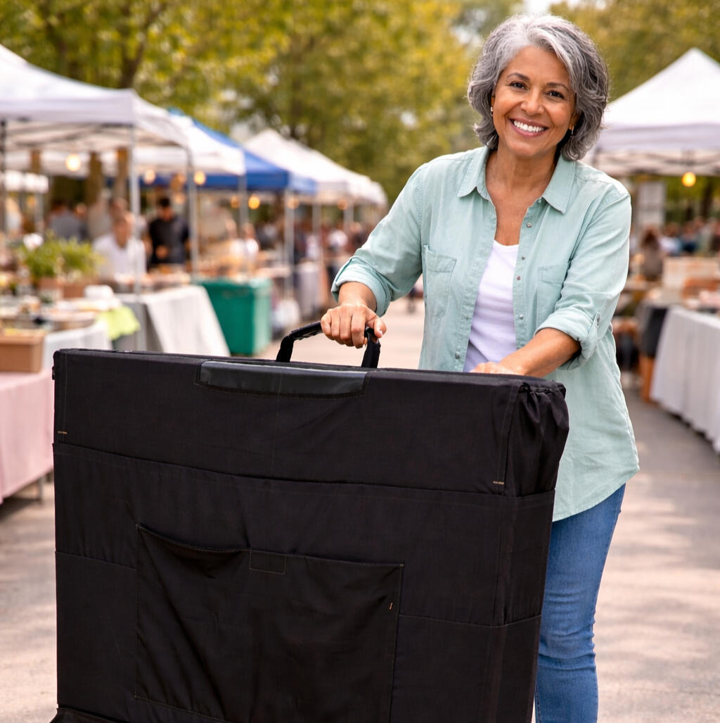 Woman vendor using The Table Trolley at an outdoor market